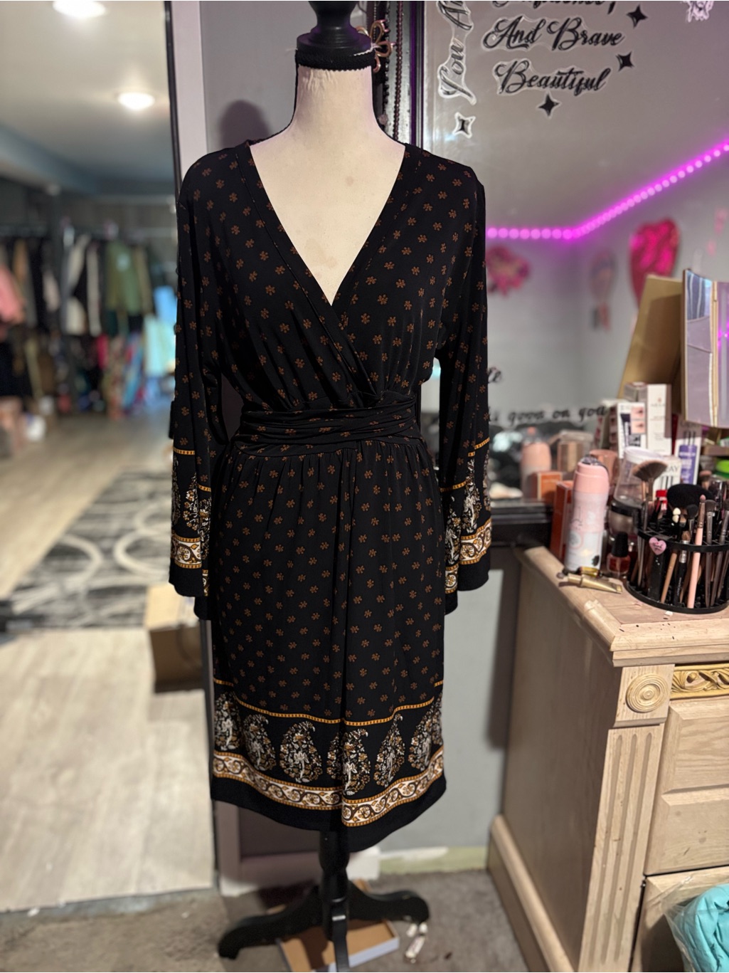 Michael Kors Black Wrap Midi Dress With Gold Paisley Border Flared Sleeves